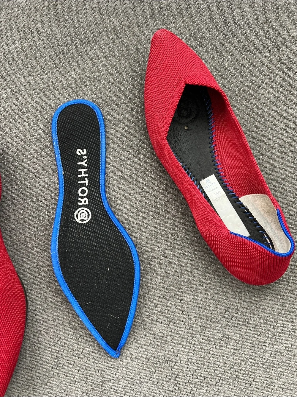 Rothy's Red Pointed Knit Flats with Blue Trim